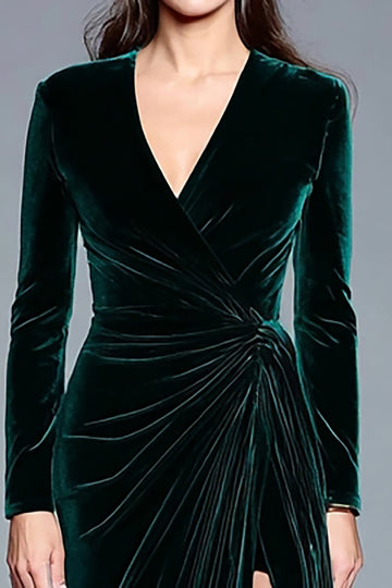 Dark Green Velvet V-Neck Long Sleeve Formal Dress with Slit